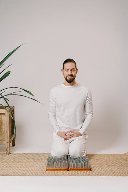 Person meditating calmly in a beautifully lit, peaceful environment, sitting tall